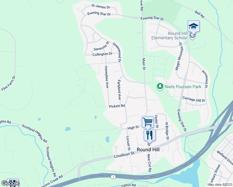 map of restaurants, bars, coffee shops, grocery stores, and more near 7 Earlybird Avenue in Round Hill
