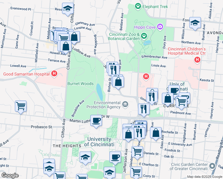 map of restaurants, bars, coffee shops, grocery stores, and more near 3212 Bishop Street in Cincinnati