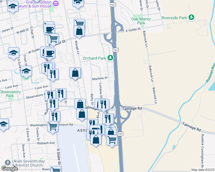 map of restaurants, bars, coffee shops, grocery stores, and more near 16 Lorraine Street in Ukiah
