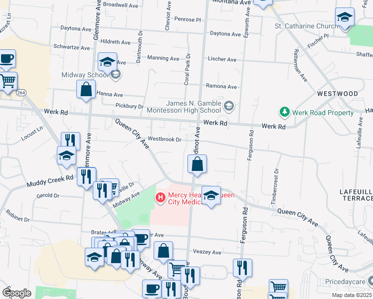 map of restaurants, bars, coffee shops, grocery stores, and more near 2943 Westridge Avenue in Cincinnati