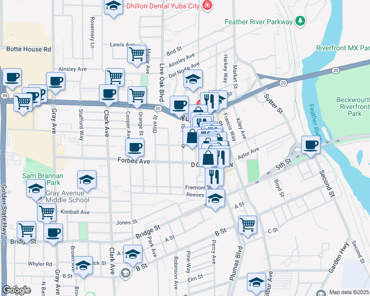 map of restaurants, bars, coffee shops, grocery stores, and more near 751 Almond Street in Yuba City