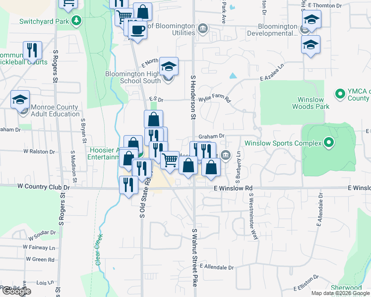 map of restaurants, bars, coffee shops, grocery stores, and more near 2350 South Henderson Street in Bloomington