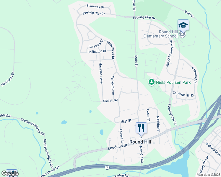 map of restaurants, bars, coffee shops, grocery stores, and more near 7 Earlybird Avenue in Round Hill