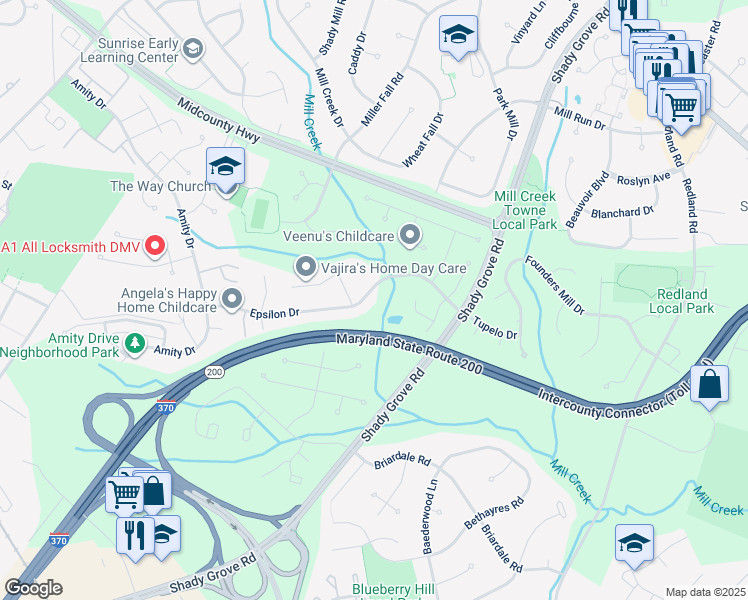 map of restaurants, bars, coffee shops, grocery stores, and more near 7612 Epsilon Drive in Rockville