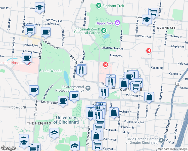 map of restaurants, bars, coffee shops, grocery stores, and more near 3201 Vine Street in Cincinnati