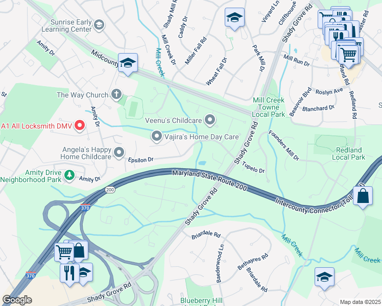 map of restaurants, bars, coffee shops, grocery stores, and more near 7612 Epsilon Drive in Rockville