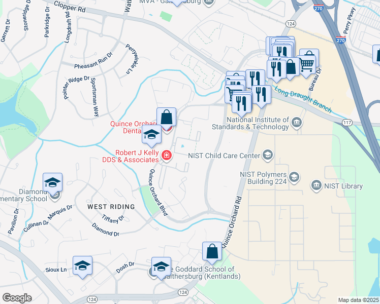map of restaurants, bars, coffee shops, grocery stores, and more near 784 Quince Orchard Boulevard in Gaithersburg