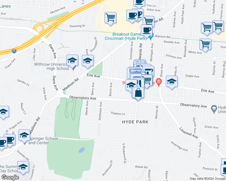 map of restaurants, bars, coffee shops, grocery stores, and more near 2556 Observatory Avenue in Cincinnati