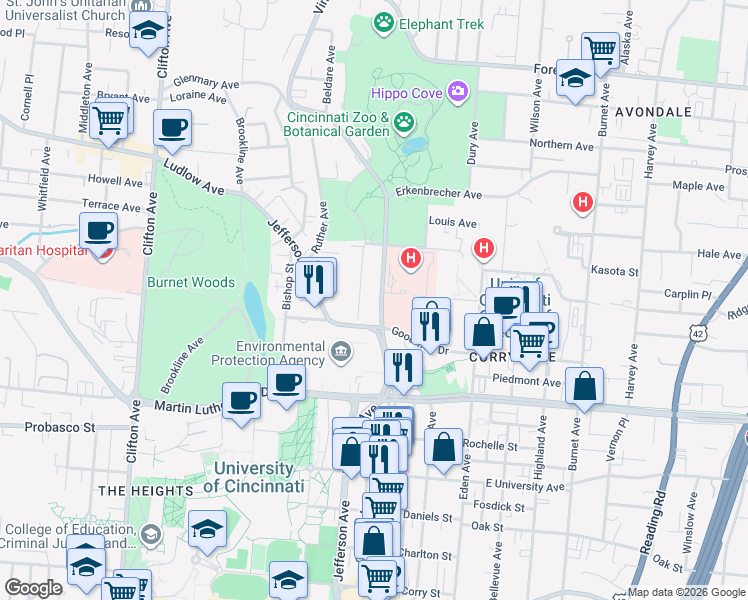 map of restaurants, bars, coffee shops, grocery stores, and more near 3201 Vine Street in Cincinnati