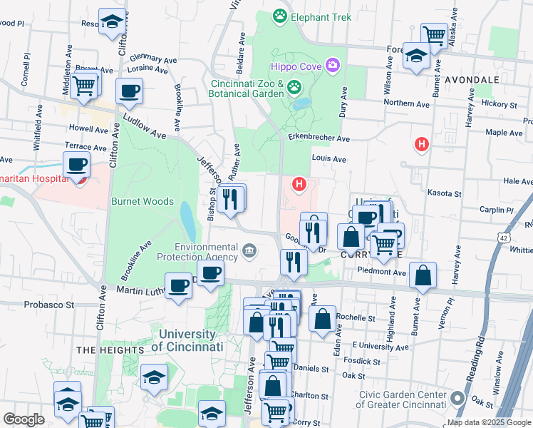 map of restaurants, bars, coffee shops, grocery stores, and more near 3201 Vine Street in Cincinnati
