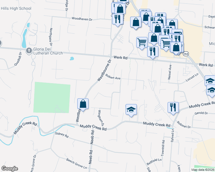 map of restaurants, bars, coffee shops, grocery stores, and more near 5658 Walkerton Drive in Cincinnati