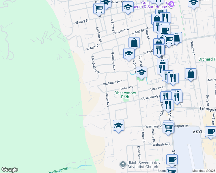 map of restaurants, bars, coffee shops, grocery stores, and more near 929 Helen Avenue in Ukiah