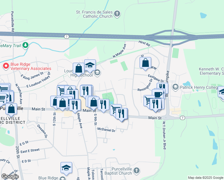 map of restaurants, bars, coffee shops, grocery stores, and more near 139 Misty Pond Terrace in Purcellville