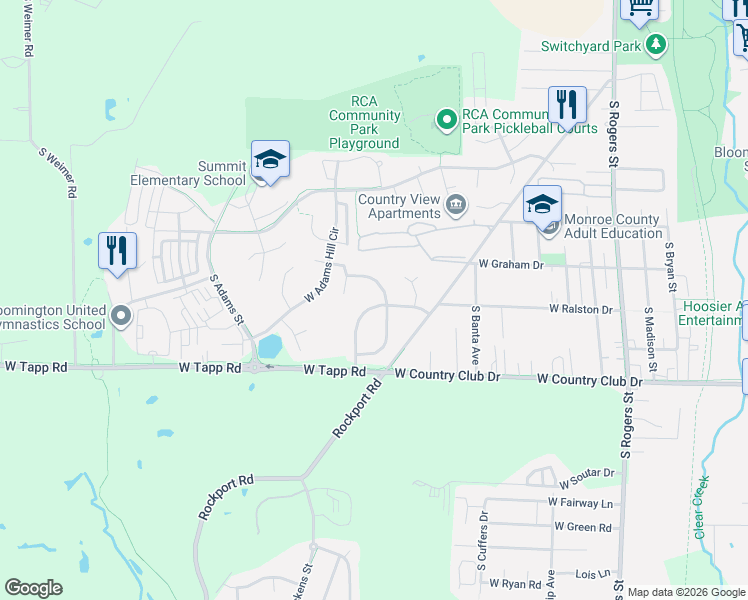 map of restaurants, bars, coffee shops, grocery stores, and more near 2704 Pinehurst Drive in Bloomington