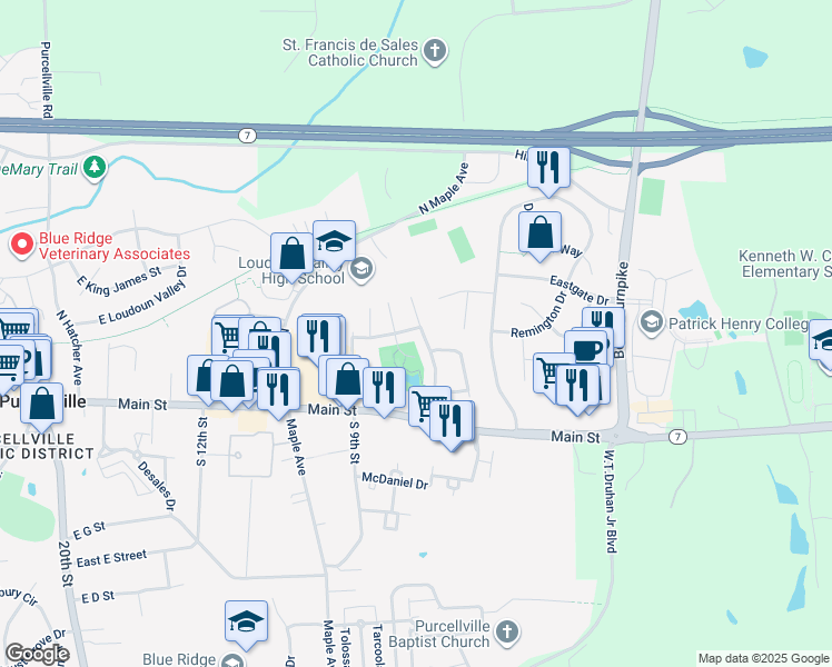 map of restaurants, bars, coffee shops, grocery stores, and more near 139 Misty Pond Terrace in Purcellville