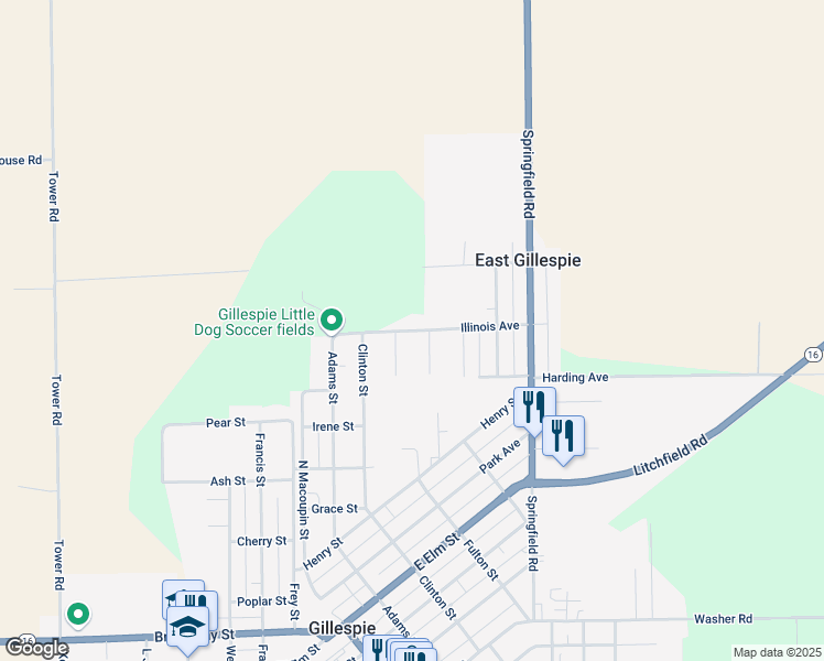map of restaurants, bars, coffee shops, grocery stores, and more near 307 Illinois Avenue in Gillespie
