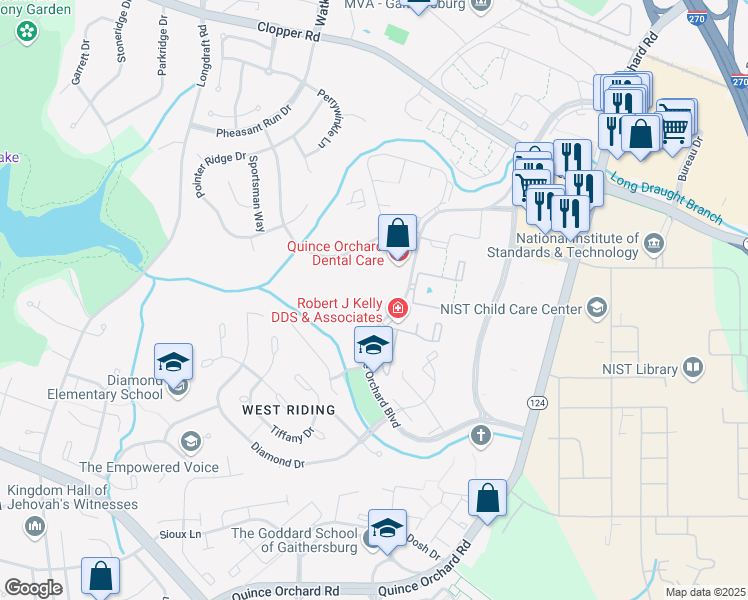 map of restaurants, bars, coffee shops, grocery stores, and more near 851 Quince Orchard Boulevard in Gaithersburg