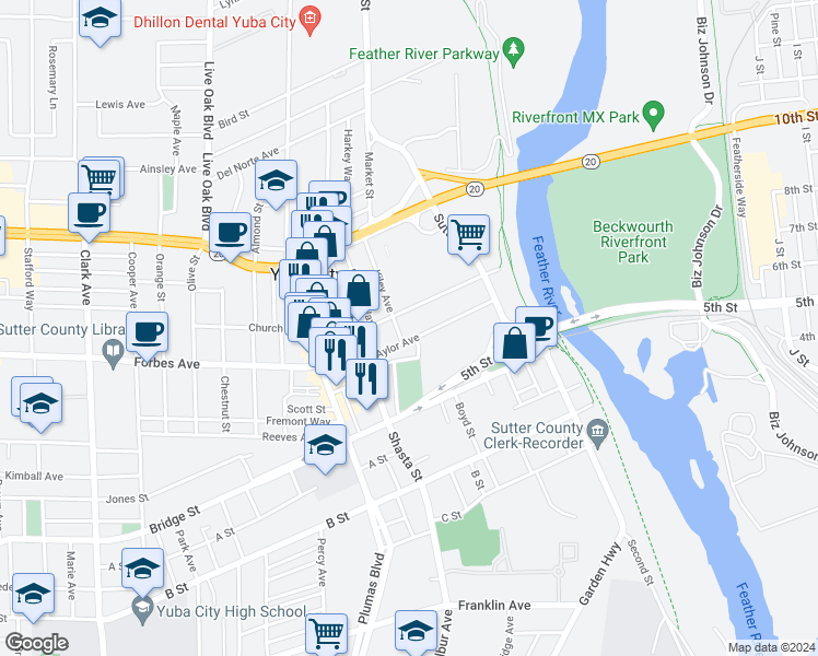 map of restaurants, bars, coffee shops, grocery stores, and more near 328 Teegarden Avenue in Yuba City