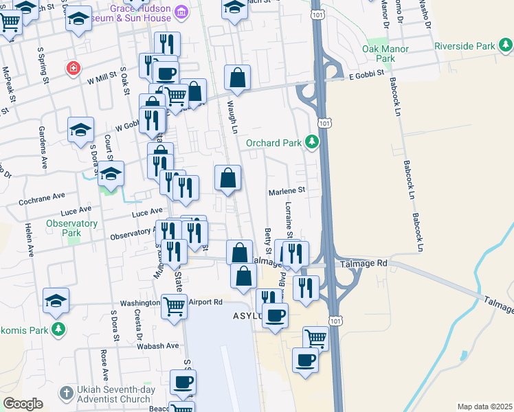 map of restaurants, bars, coffee shops, grocery stores, and more near 880 Waugh Lane in Ukiah