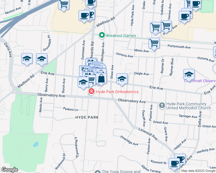 map of restaurants, bars, coffee shops, grocery stores, and more near 2752 Erie Avenue in Cincinnati