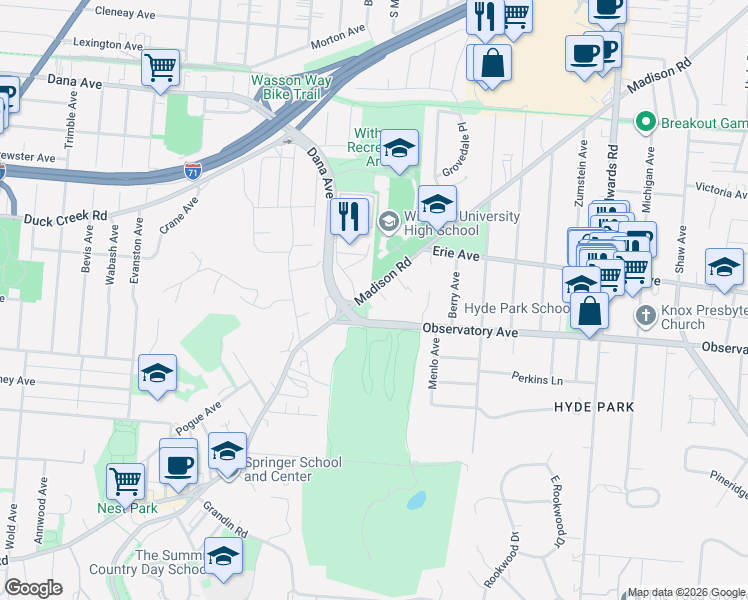 map of restaurants, bars, coffee shops, grocery stores, and more near 2455 Madison Road in Cincinnati