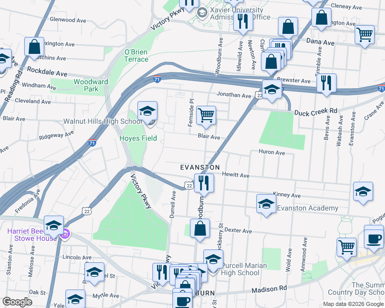 map of restaurants, bars, coffee shops, grocery stores, and more near 1544 Ruth Avenue in Cincinnati
