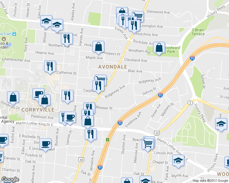 map of restaurants, bars, coffee shops, grocery stores, and more near 3330 Reading Road in Cincinnati