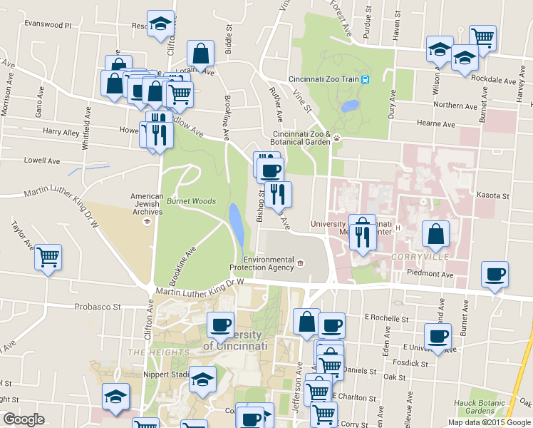 map of restaurants, bars, coffee shops, grocery stores, and more near 3239 Jefferson Avenue in Cincinnati
