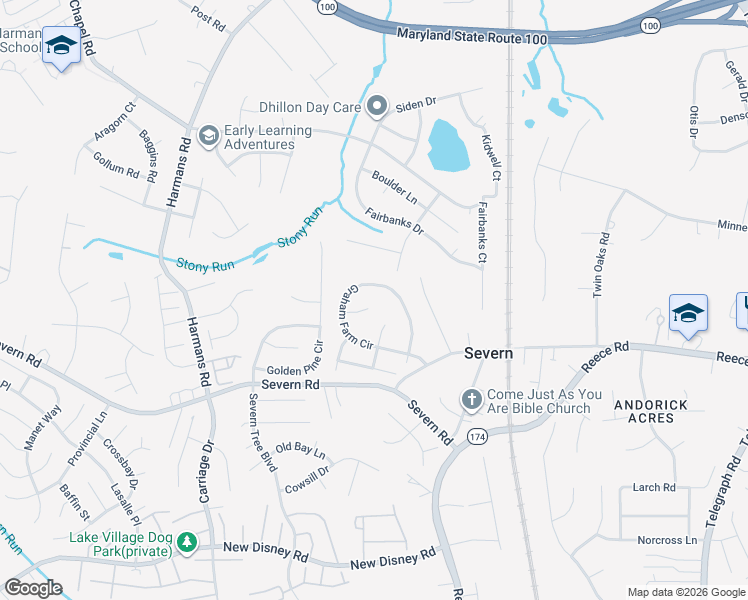 map of restaurants, bars, coffee shops, grocery stores, and more near 1402 Spring Plow Court in Severn