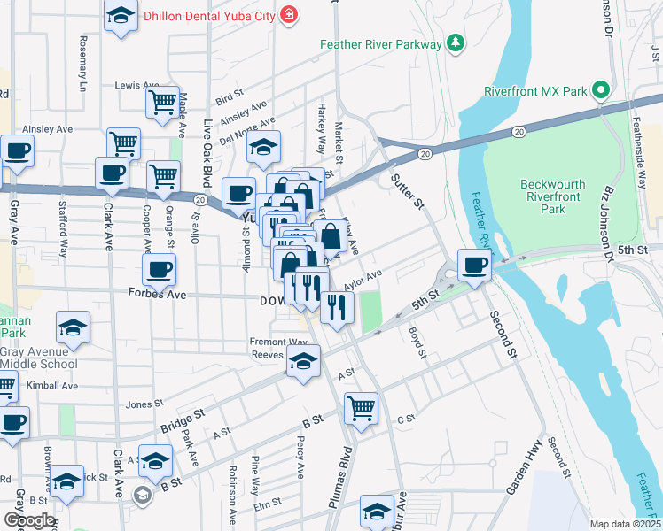 map of restaurants, bars, coffee shops, grocery stores, and more near 425 Teegarden Avenue in Yuba City