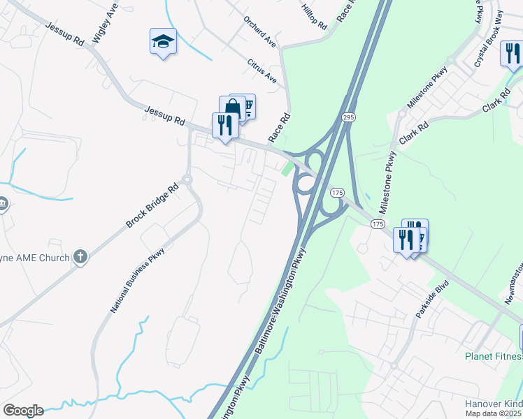 map of restaurants, bars, coffee shops, grocery stores, and more near 2412 Sommers Court in Jessup