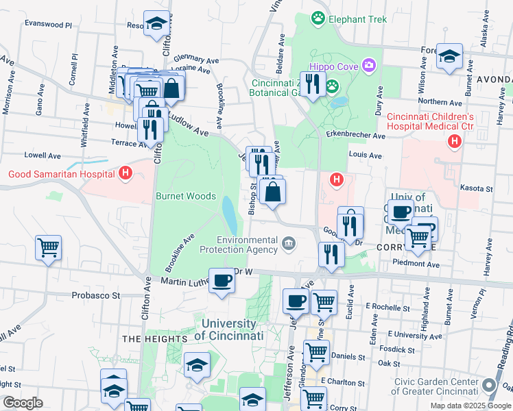map of restaurants, bars, coffee shops, grocery stores, and more near 3218 Bishop Street in Cincinnati