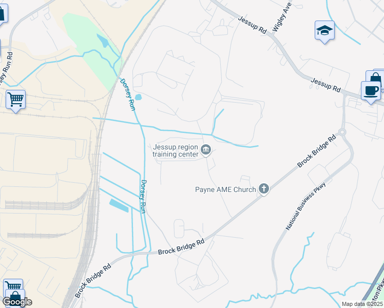 map of restaurants, bars, coffee shops, grocery stores, and more near 2020 Toulson Road in Jessup
