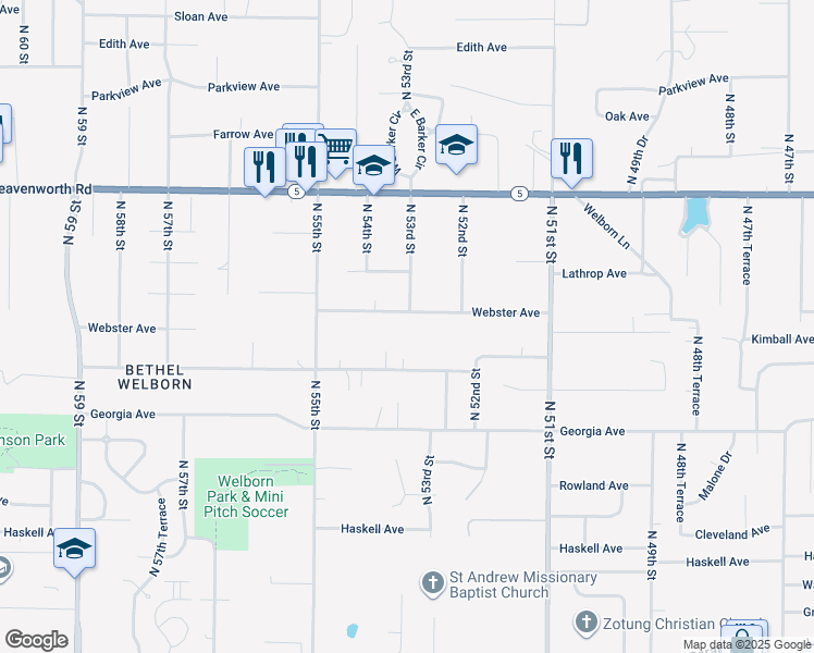 map of restaurants, bars, coffee shops, grocery stores, and more near 5310 Webster Avenue in Kansas City