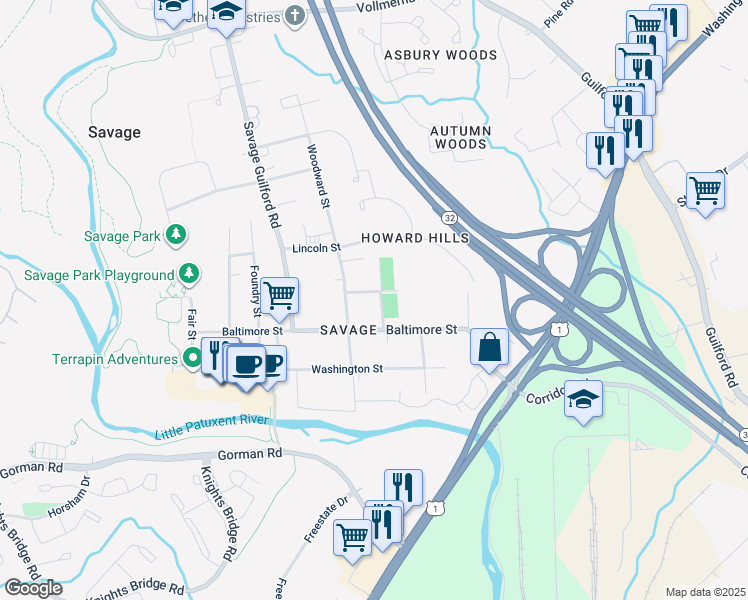 map of restaurants, bars, coffee shops, grocery stores, and more near 8865 Carrollton Avenue in Savage