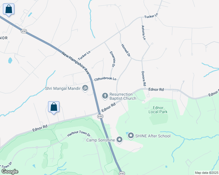 map of restaurants, bars, coffee shops, grocery stores, and more near 17107 New Hampshire Avenue in Silver Spring