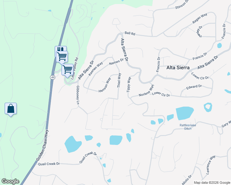 map of restaurants, bars, coffee shops, grocery stores, and more near 15841 Thiel Way in Grass Valley