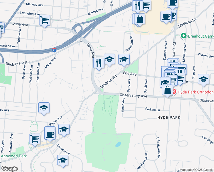 map of restaurants, bars, coffee shops, grocery stores, and more near 2455 Madison Road in Cincinnati