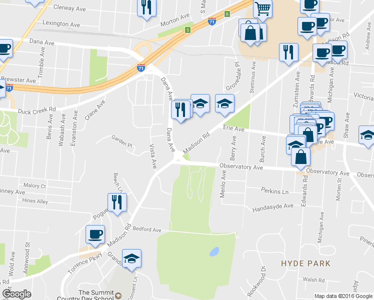 map of restaurants, bars, coffee shops, grocery stores, and more near 2444 Madison Road in Cincinnati