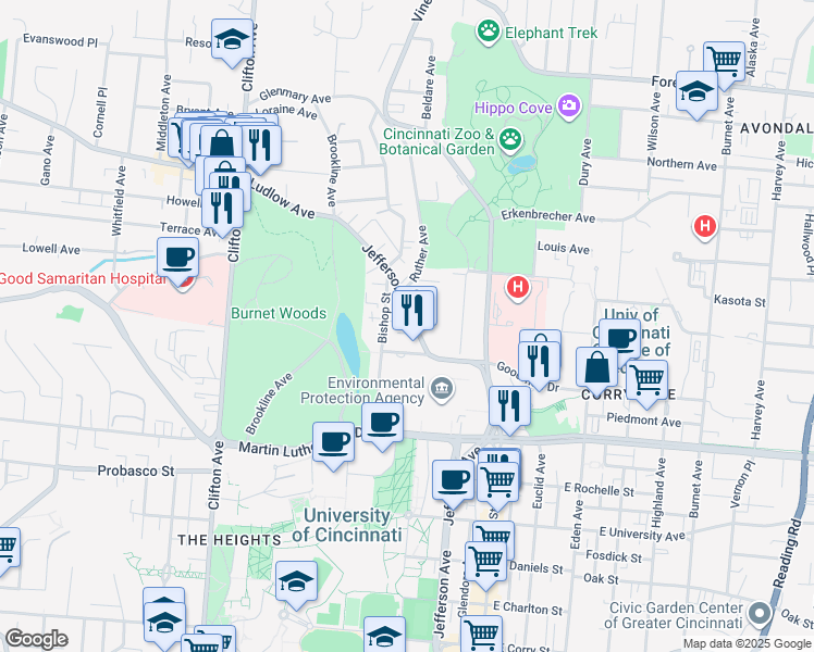 map of restaurants, bars, coffee shops, grocery stores, and more near 3239 Jefferson Avenue in Cincinnati