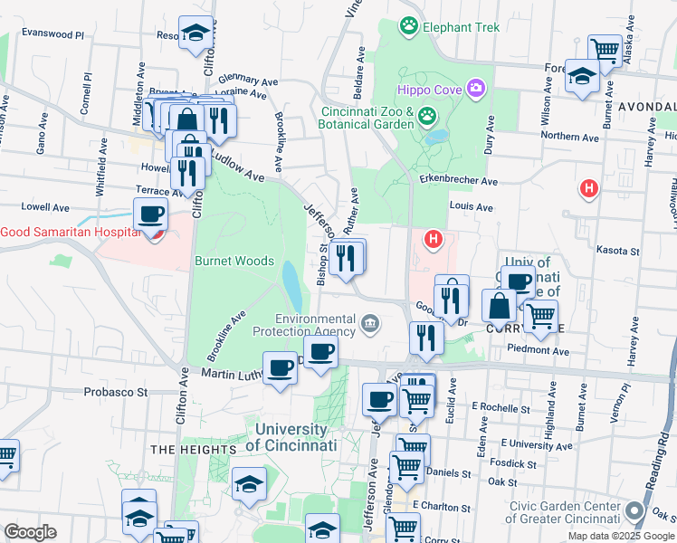 map of restaurants, bars, coffee shops, grocery stores, and more near 3239 Jefferson Avenue in Cincinnati
