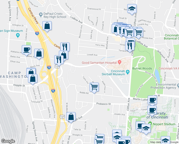 map of restaurants, bars, coffee shops, grocery stores, and more near 545 Martin Luther King Drive West in Cincinnati