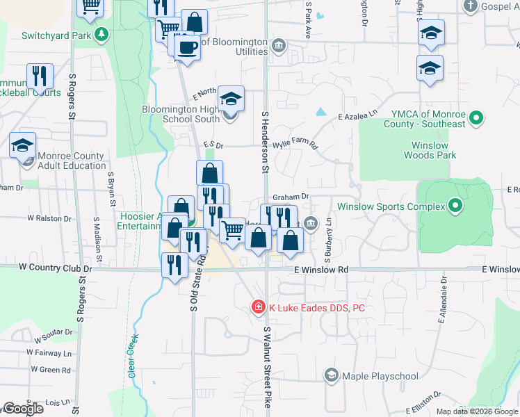 map of restaurants, bars, coffee shops, grocery stores, and more near 587 East Graham Place in Bloomington