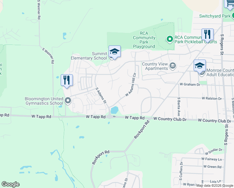 map of restaurants, bars, coffee shops, grocery stores, and more near 2638 South Isabel Court in Bloomington