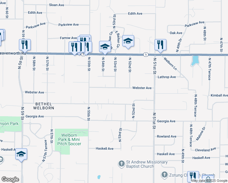 map of restaurants, bars, coffee shops, grocery stores, and more near 5310 Webster Avenue in Kansas City