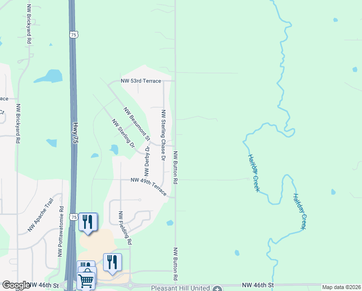 map of restaurants, bars, coffee shops, grocery stores, and more near 5149-5359 Northwest Button Road in Topeka