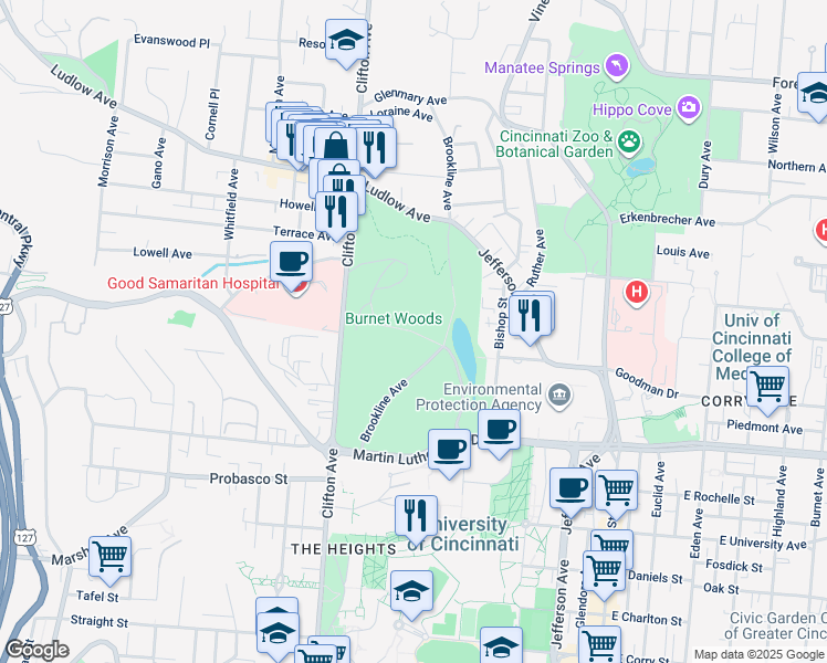 map of restaurants, bars, coffee shops, grocery stores, and more near Burnet Woods Drive in Cincinnati
