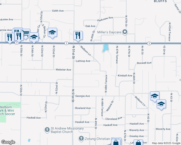 map of restaurants, bars, coffee shops, grocery stores, and more near 4936 Kimball Avenue in Kansas City