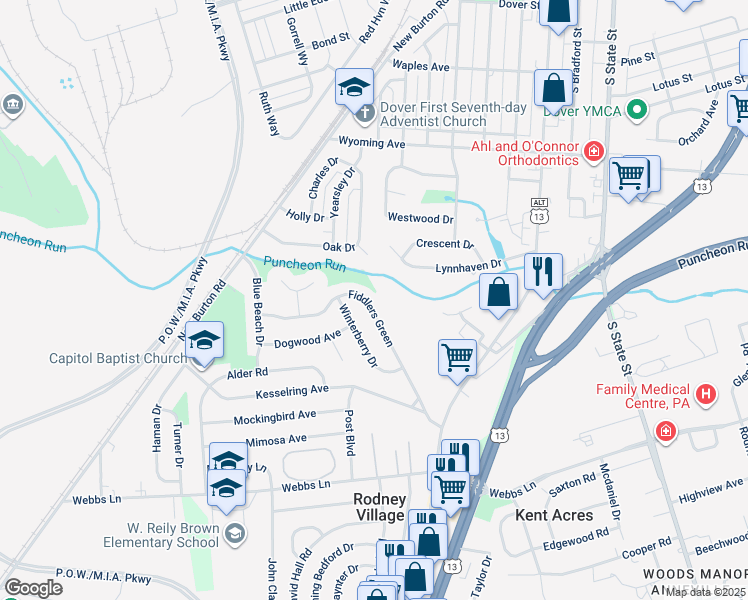 map of restaurants, bars, coffee shops, grocery stores, and more near 373 Fiddlers Green in Dover