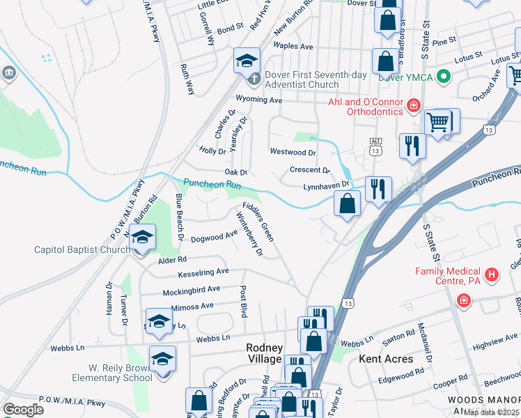 map of restaurants, bars, coffee shops, grocery stores, and more near 373 Fiddlers Green in Dover